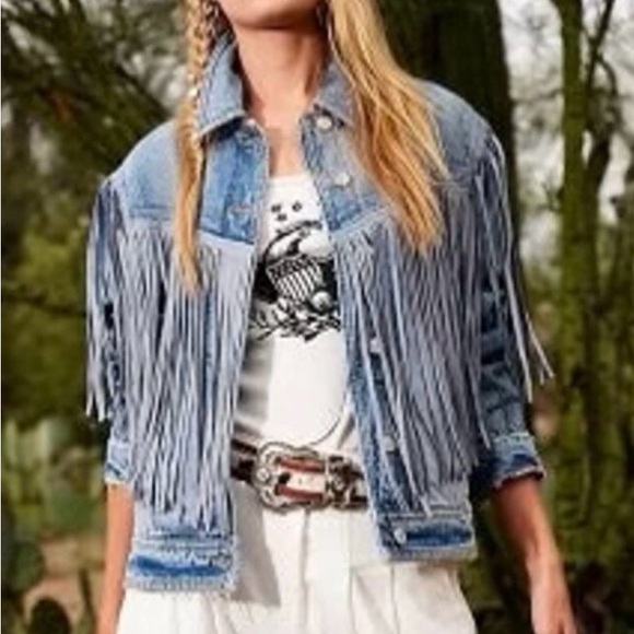 We The Free -Free People Blue Fringe Jean Jacket - Picture 4 of 8